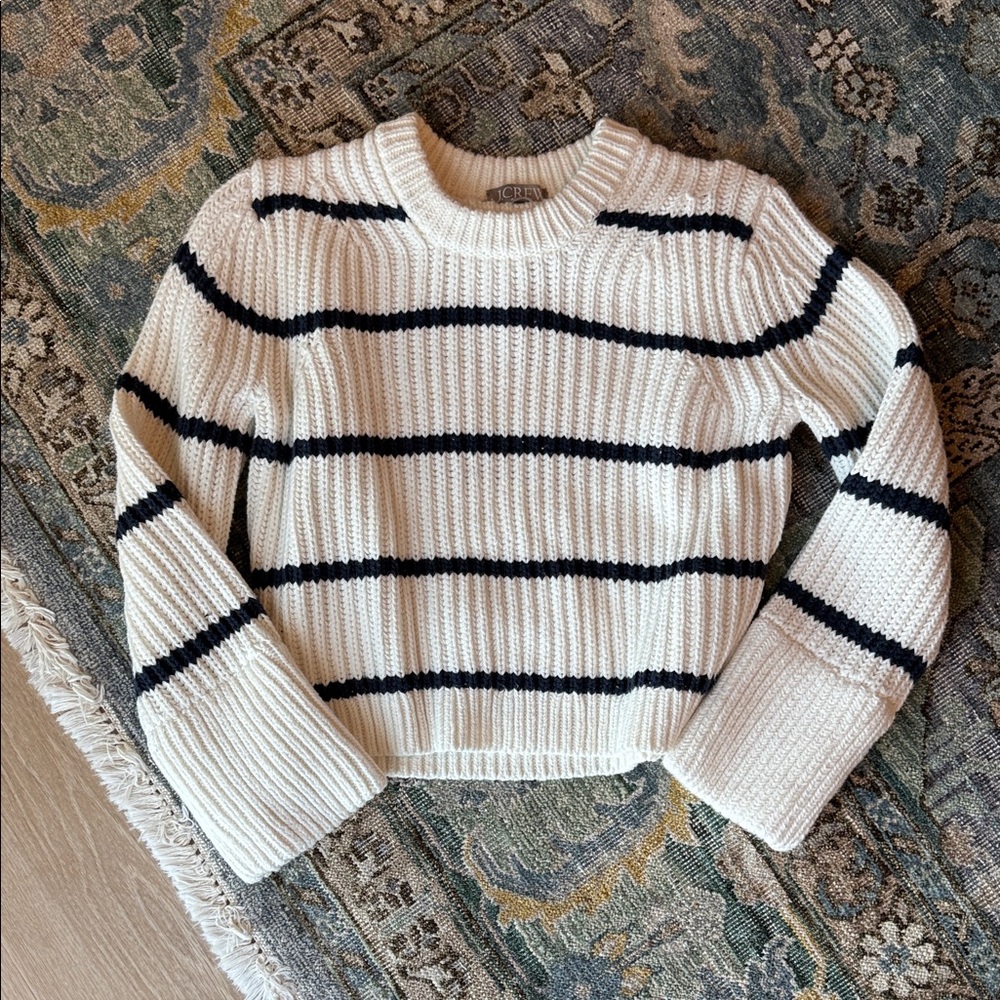 J. Crew White and Navy Striped Fisherman’s Crew Neck Sweater